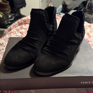 Vince Camuto Black Perforated Suede Ankle Booties with Braided Collar